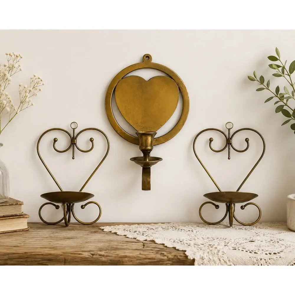 Styled Vintage Brass Heart Collection | Wall Sconce & Pair of Heart Taper Holder